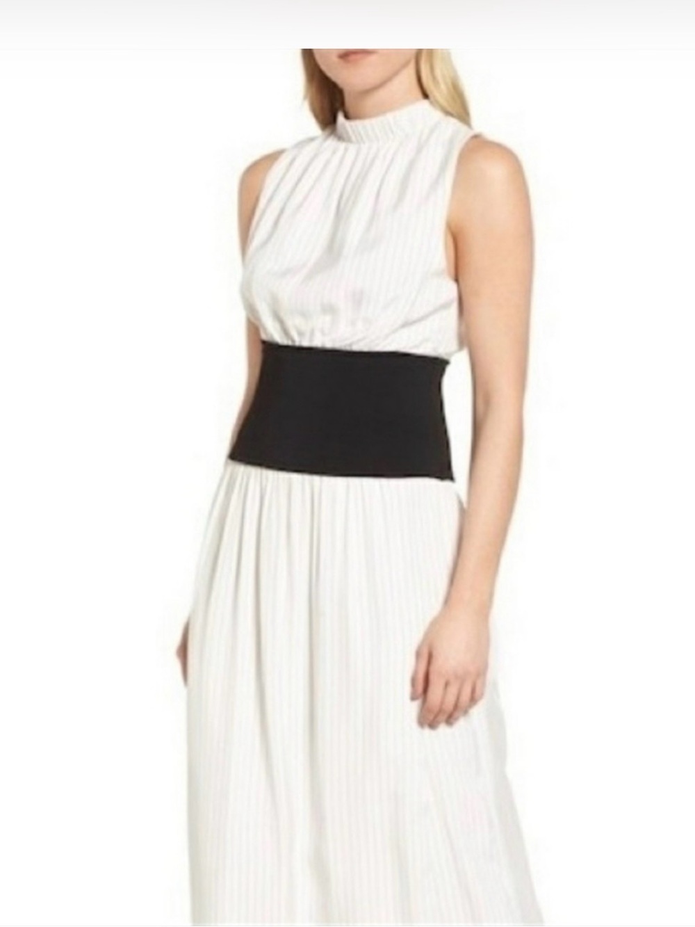Lewis Sleeveless White & Black Pin Stripe Maxi Dress with Black Waist Panel
